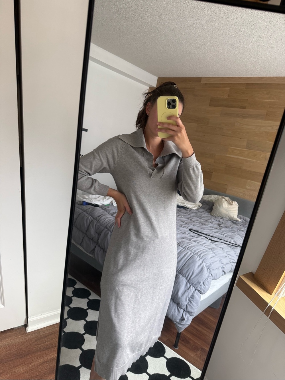 THML Light Gray Collared Knit Midi Dress